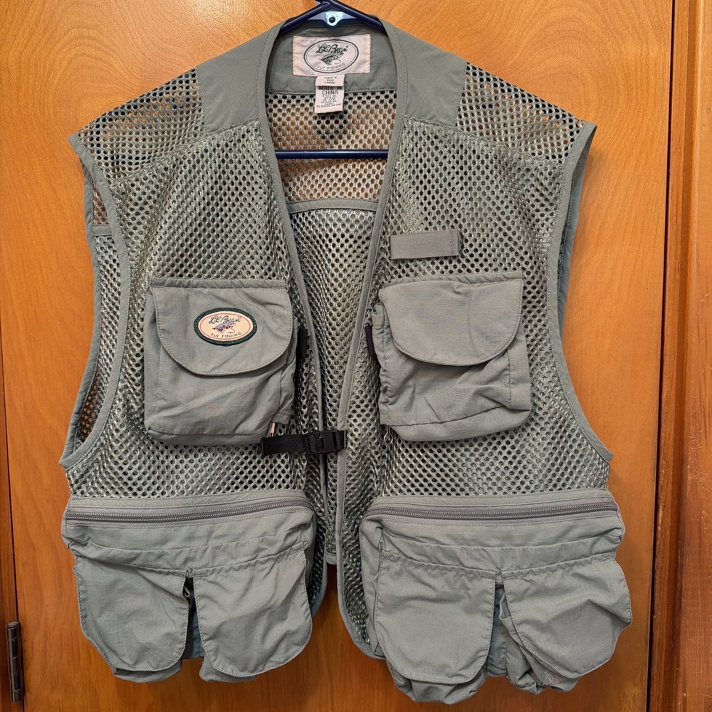 Vintage LL Bean Fly Fishing Vest Mens Large Mesh Multi Pocket Sage Green 0Y936